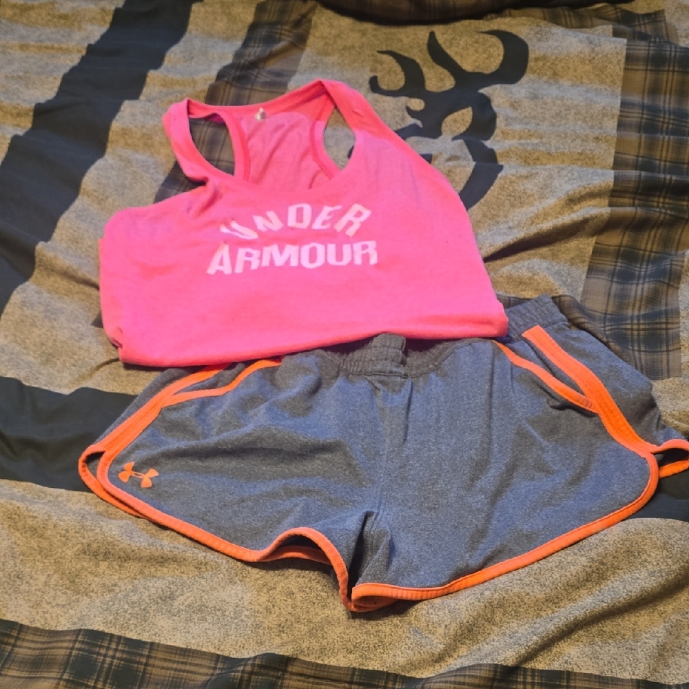 Under Armour Hot Pink Racerback Tank with Charcoal Shorts and Neon Orange Trim